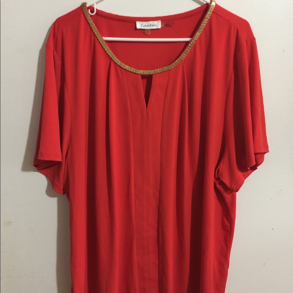 Red Blouse w/gold trim neck